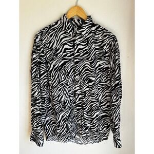 HM Womens Zebra Print Button Up Shirt Black White‎ Lyocell Long Sleeve Medium